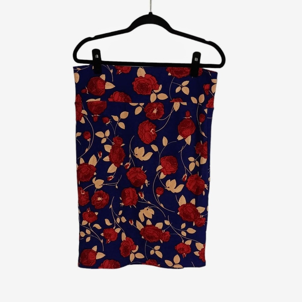 LuLaRoe Cassie Pencil Skirt Women Large Blue Red Floral Rose Stretch Knee Length